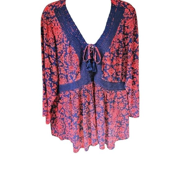 TORRID NEW Babydoll Gauze Crochet Trim Floral Lace-Up Top 4X - Picture 2 of 16